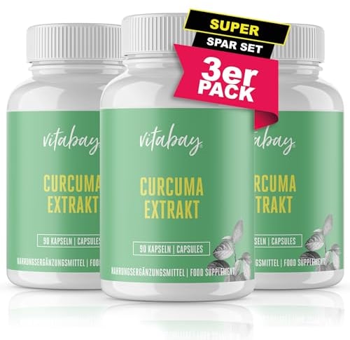 Vitabay Kurkuma Kapseln hochdosiert – 270 Vegane Tabletten mit 500 mg Curcuma & Piperin – Kurkumin Extrakt – Curcumin Supplement – 1 Kapsel täglich