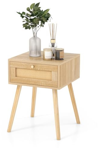KOMFOTTEU Nachttisch mit Rattan-Design, Beistelltisch aus Holz, schmaler Nachtkonsole mit Kiefernbeinen, Nachtkommode für Schlafzimmer, Wohnzimmer, 40 x 40 x 55 cm, Natur (1)