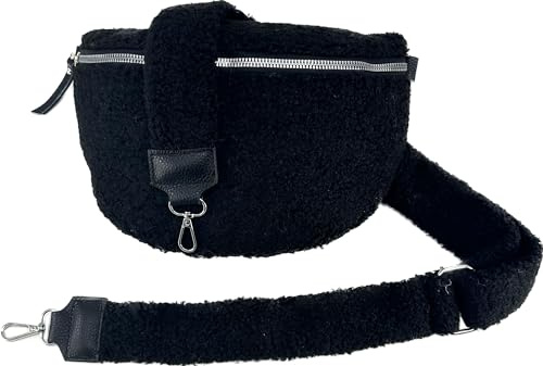 J26 Teddyfell Gürteltasche Crossbody Bauchtasche Umhängetasche Gurt Unifarbe (Schwarz)