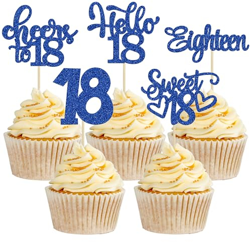 30Pcs18th Birthday Cupcake Toppers Eighteen Happy 18th Cupcake Picks Sweet 18 Cheers to 18 Cake Decorations for 18th Birthday Anniversary Party Supplies Deep Blue Glitter