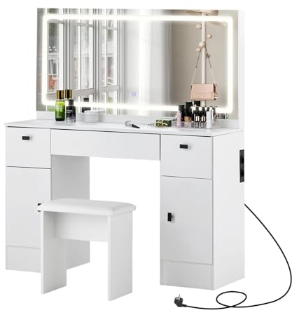 TUKAILAI Schminktisch mit Beleuchtung, Frisiertisch mit Schubladen, Schminktisch mit Spiegel und Hocker, Kosmetiktisch mit Ladestation, Schminkkommode für Wohnung, Weiß