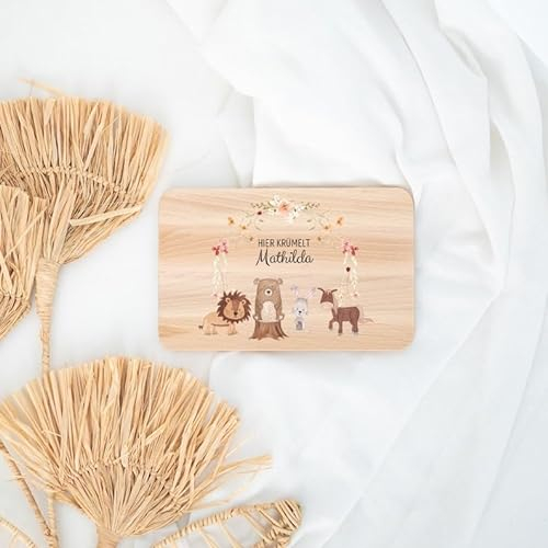 wunderwunsch - Personalisiertes Holzbrett mit Hochwertigem Spezial-Druck für Kinder - Personalisiertes Frühstücksbrettchen - Niedliche Motiv-Brettchen mit Namen (Tiere Blumenkreis)