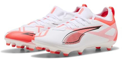 PUMA Ultra 5 Match Fg/AG Jr, Soccer Shoe Unisex - Bambini e Ragazzi, Puma White Puma Black Glowing Red, 38.5 EU