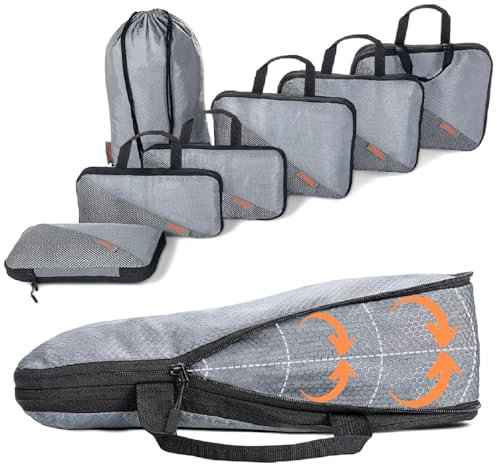 Organizador Maleta - Bolsas Compresión Viaje incluye Bolsa Ropa Sucia Impermeable - Bolsas Organizadoras Maleta - Packing Cubes Travel Essentials - Accesorios viaje Regalo Para Viajeros (Gris)