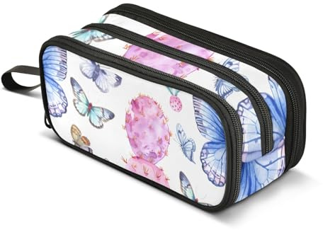 Federmäppchen mit Kaktus und niedlichen Schmetterlingen, großes Fassungsvermögen, Stifttasche für Jungen und Mädchen, 3 Fächer, Federmäppchen, Studenten, Schreibwaren, Organizer, Marker-Etui für