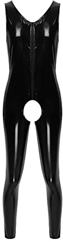 Bauzuoyo Latex Catsuit Männer Herren Jumpsuit aus Wetlook Material Slim Fit Latex Glänzend Overall Sexy Oberteil Lack Leder Mesh Herrenmode Outfit Muskelshirt Party Clubwear Lack Optik Wetlook