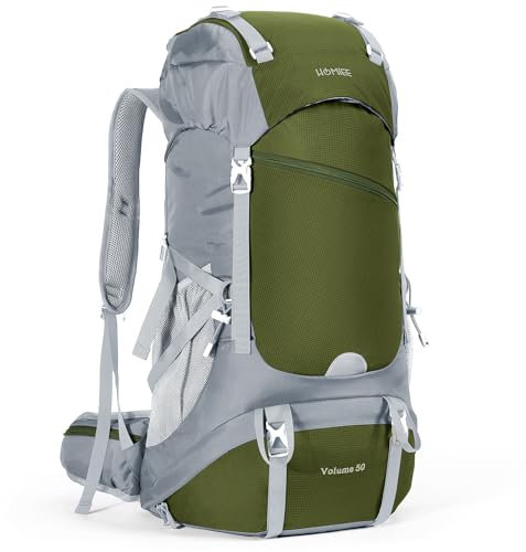 HOMIEE Wanderrucksack 50L Herren Damen Wasserdichter Trekkingrucksack Reiserucksack Outdoor Wandern Rucksack Mit Regenabdeckung, Armeegrün
