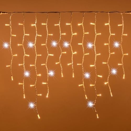 damastoreitalia Tenda Luminosa Natalizia 6 metri Stalattiti a LED 256 Luci Bianco Caldo + Flash Bianco Freddo per Interno ed Esterno IP44 (Luce calda + flash bianco, 6 Metri)