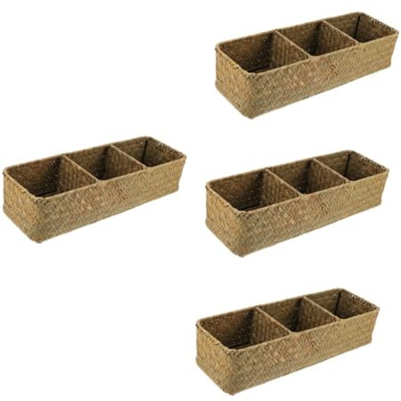Juego de 4 cestas de almacenamiento tejidas de hierba marina y ratán, para condimentos y decoración, cajas de almacenamiento con diseño de rejilla, kit de cesta organizadora de mimbre