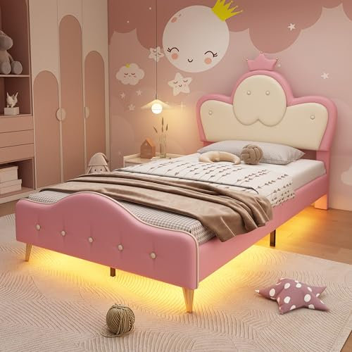 BTM Lit Simple Rembourré 90x200, Lit Enfant 90x200cm avec Éclairage LED et avec Sommier à Lattes, pour Fille, Motif à Pois, PU, Blanc et Rose (sans Matelas)