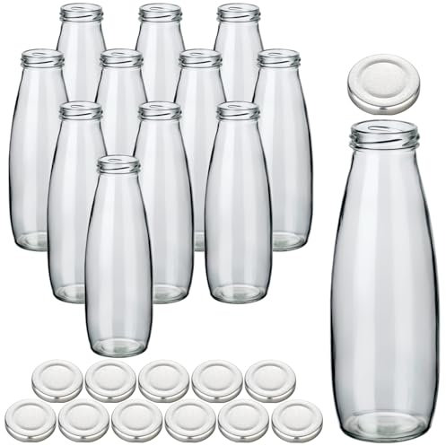 gouveo 12er Set Saftflasche 500 ml mit Schraubverschluss silberfarben - Runde Glasflasche 0,5 l mit Deckel - Leere Flasche zum Befüllen für Küche und Haushalt (CNSF500S)