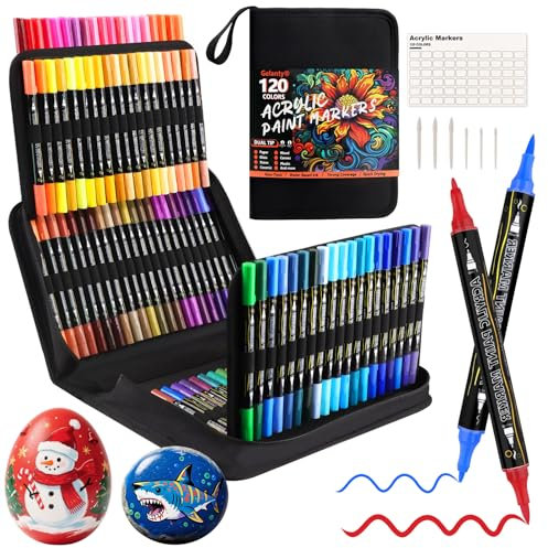 Gelanty Acrylstifte - 120 Farben Acrylmarker mit Doppelspitze für Steine Wasserfest, alerei, Holz, Glas, Leinwand, Keramik, DIY Kunsthandwerk, Acrylstifte auf Wasserbasis