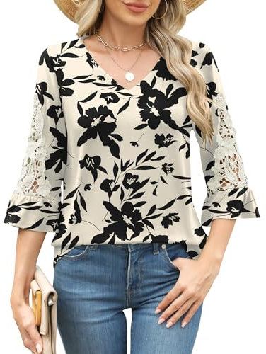 iWoo Womens Blouses Ruffle 3/4 Length Sleeve Blouse for Women V Neck Dressy Tunic Tops Lace Ruffles Sleeve Shirts(Black Floral,XL)