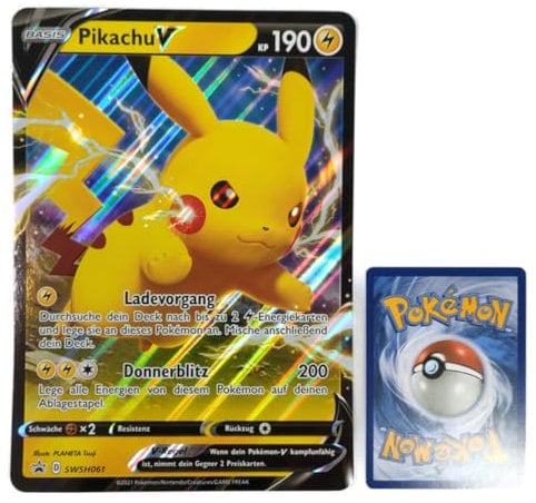 Generic for Pokemon Trading Cards - Pikachu V SWSH061 Oversized XXL Promo Card - German - Mega Jumbo Single Card with BB Toy Trades Sleeve (Pikachu V)