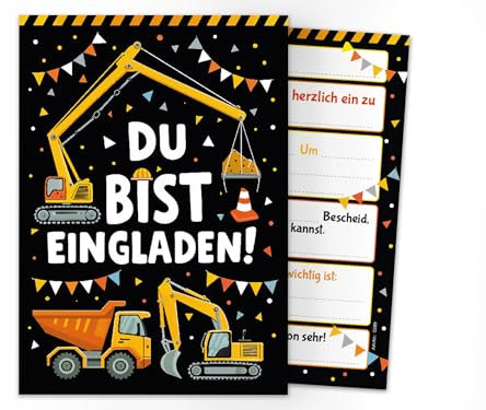 Junaversum 12 Einladungskarten zum Kindergeburtstag Jungen Bagger Baustelle Kinder coole bunte Einladungen Geburtstag Geburtstagseinladungen Kids
