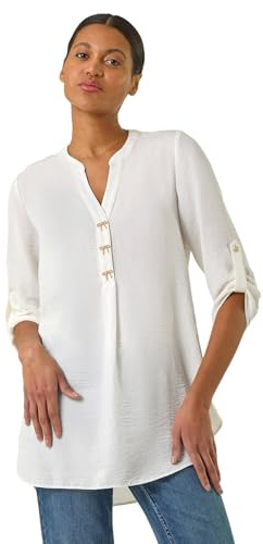 Roman Originals Shirt for Women UK Ladies Longline Top Collarless Blouse Smart Tunic Casual Evening Relaxed Fit 3/4 Length Sleeve Notch V Neck Long - Plain Ivory - Size 12