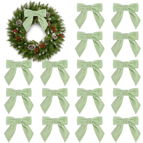 16Pcs Christmas Velvet Bows, 4.3 Vintage Velvet Ribbon Bows for Christmas Tree Garland Wreath Gift Wrapping DIY Crafts Wedding Decor (Sage Green)