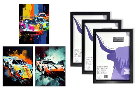 Artery8 Racing Wall Art - Set of 3 A4 Sized Art with Black Frames - Race Car Motorsport Grand Prix Paintings Bright Colourful Mancave