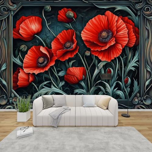 PaxGloz Fototapete Rote Mohnblumen Tapete Jugendstil Blumen Tapeten Vliestapete Modern Wandtapete Wohnzimmer Schlafzimmer Kinderzimmer Wanddeko Motivtapeten 368 x 254 cm (B x H)