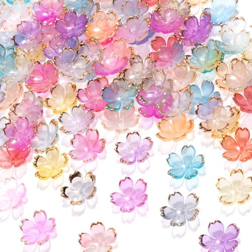 Auiremrti 100 perlas de flor de cerezo, espaciadores de acrílico dorado, colgantes de flores de 5 pétalos para collares, pulseras, fabricación de joyas – Varios colores