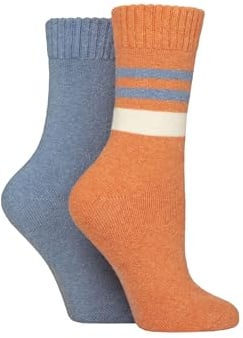 SockShop Ladies Cushioned Boot Socks - Wool Mix Striped & Plain in a 2 Pair Multipack for Outdoors, Hiking & Walking