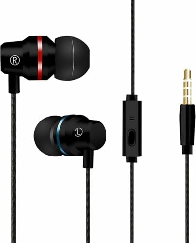 Wired In-Ear Headphones with Mic, 3.5mm Jack Earbuds, HiFi Stereo Sound, Deep Bass, Noise-Isolating, Ergonomic Earphones Compatible with Phones, Laptops, Tablets & MP3/MP4 (Black)
