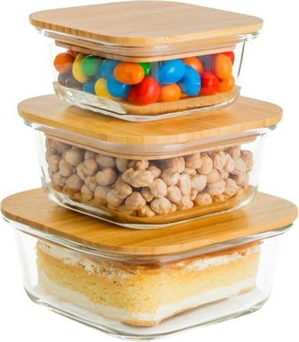 Lnwwrv 3 récipients en Verre avec couvercles en Bambou et Sangles Extensibles, 3 Tailles de 320 ML, 520 ML et 800 ML, boîtes à Lunch scellées étanches