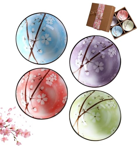 NBOUOU Porcelain Dessert Cereal Pasta Bowls Set of 4, Japanese Gifts Style Ceramic Serving Bowls, Small Soup Bowl 10 Oz, for Rice Bowl, Ice Cream, Dinner (Cherry Blossom Pattern)
