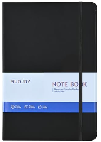 SUQJOY A5 Notizbuch Liniert, Hardcover Journal 140 x 210 mm, 100 g/m² Papier, 160 Seiten, mit Gummiband, Leseband und Innentasche, schwarzes Notizbuch für Arbeit, Büro, Studium und Planung