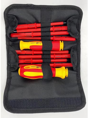 VDE Insulated Electrician Screwdriver Set 10 Piece with Interchangeable Flat & Phillips Heads, Magnetic Tips, Soft Grip Handles, Chrome Vanadium Steel & Pouch
