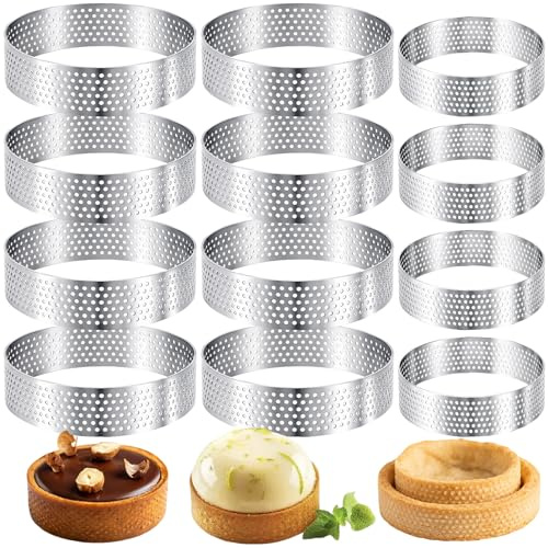 Richunie 12 Stück 430 Edelstahl Tartelette Förmchen,Ø6cm Ø8cm Dessertringe, Perforierter Crumpet Rings, Backringe für Herstellung Von Pie Kuchen Mousse Backform