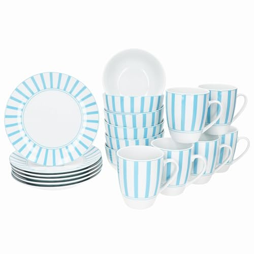 MamboCat Split türkis 18tlg Frühstücksset I je 6x gestreifte Kuchenteller, Müslischalen 400 ml & Kaffeebecher 300 ml aus Porzellan I 6 Personen I Streifen-Dekor in Türkis