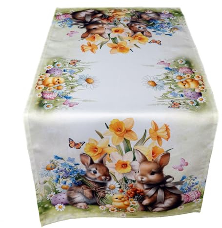 texpot Tischläufer 40 x 85 cm Druck Hasenkinder Osterhasen Ostern Osterkücken Tischtuch