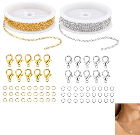 Umfassendes Edelstahl-Schmuckherstellungsset: 2 Rollen à 3 Meter in Silber und Gold mit 100 Biegeringen & 20 Karabinerverschlüssen, für DIY-Armbänder, Halsketten & Kreative Schmuckprojekte