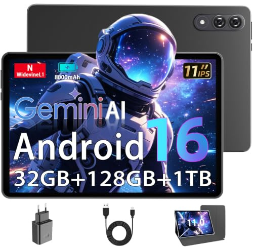 Android Tablets 11 Inch, Tablet Android 16 with Case, 32GB RAM (8+24) 128GB ROM, T7250 Octa-Core, 1TB Expandable, 1920*1200 IPS Screen, WiFi 5G, 8000mAh, Dual Camera 13MP+8MP, Widevine L1, GPS, Gray
