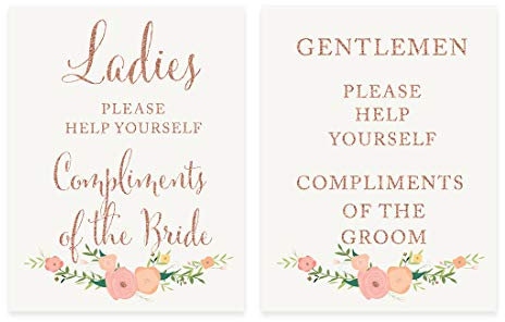 Andaz Press Wedding Party Signs, Faux Rose Gold Glitter with Florals, 8.5x11-inch, Ladies Gentlemen Bathroom Basket Compliment of Bride Groom, 2-Pack, Colored Decorations