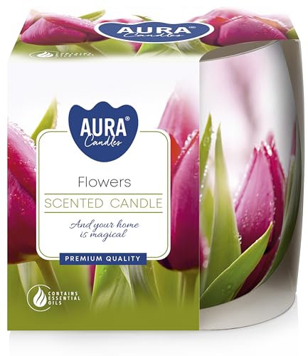 Duftkerze Motivglas Blume 100gr weisses Wachs, 20 Stunden Brenndauer. Durchmesser 79 mm, Höhe 72 mm