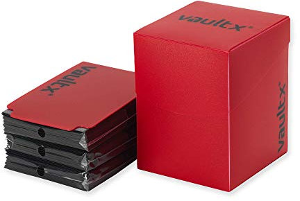 Vault X Trading Card Deck Box and 150 Black Card Sleeves, fits 100+ Sleeved Cards, Large Standard, Card Holder Storage Box, for MTG Commander Game, TCG (Red)