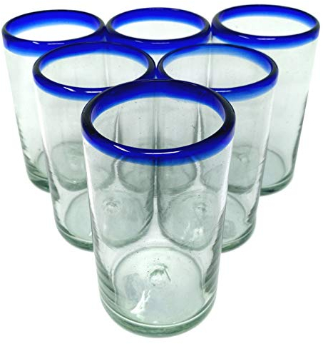 Dos Sueños Vasos mexicanos soplados a mano, juego de 6 vasos con bordes azul cobalto (14 onzas cada uno)