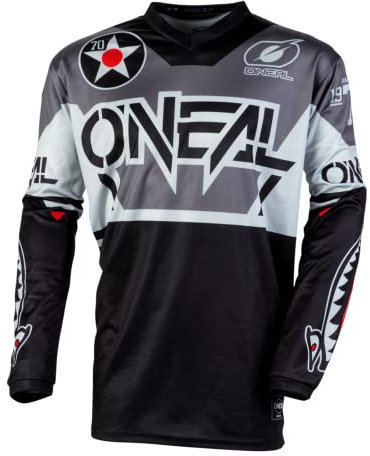 O'NEAL | Motocross-Trikot | Enduro Motorrad | Passform für Bewegungsfreiheit, Gepolsterter Ellbogenschutz, Atmungsaktives Material | Element Jersey Warhawk | Erwachsene | Schwarz Grau | Größe S