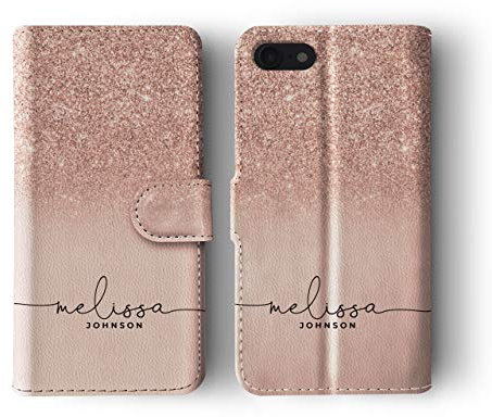 Tirita Personalised Initials Custom Wallet Leather Flip Phone Case Compatible with iPhone 11 PRINTED GLITTER, NOT REAL GLITTER Ombre Sequins Effect Nude Pink