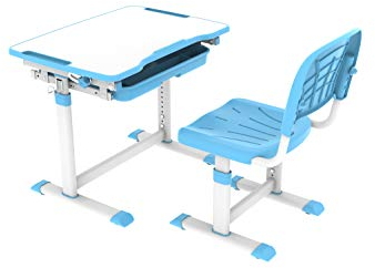 CUBBY Sorpresa Blue Schreibtisch höhenverstellbar, Kinderschreibtisch neigungsverstellbar, Schülerschreibtisch mit Stuhl, Blau, 670x470x545-762 mm