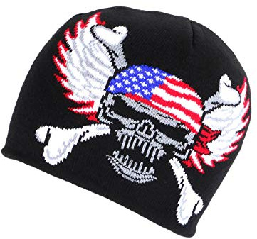Nyls Création Bonnet Biker Tete de Mort et Ailes Aigle Drapeau USA en Laine - Mixte