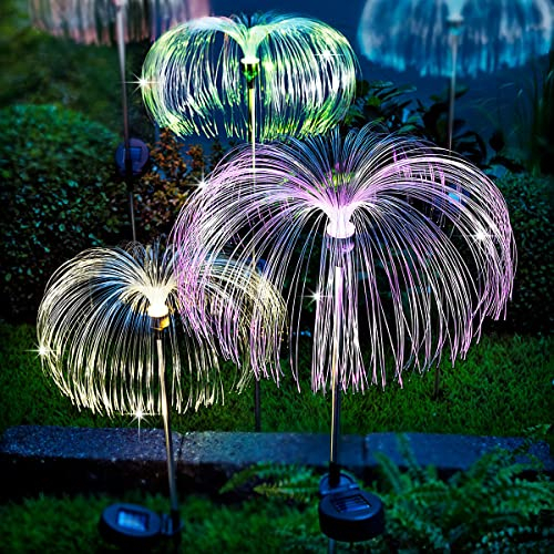 3er-Set Solar-Gartenstecker Fantasia | Stab aus Edelstahl mit Erdspieß | Aufsatz aus transparenten Fiberglasfäden - Länge 22 cm | warmweißes Licht oder Farbwechsel