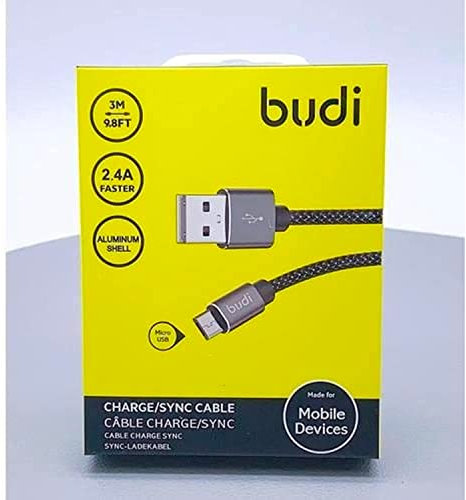 Budi, Charge/Sync Cable, Micro USB, 3Meter, 2.4A Faster Charger, Aluminium Shell