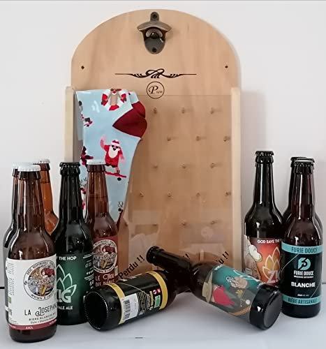 jeu à boire, le décapsuleur de cave en bois artisanale + 12 bouteille de bières artisanales 33cl + une paire de chaussette de noël.