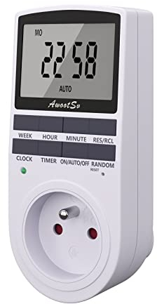 Awootsv Prise Programmable Digitale Minuterie Numérique minuteur prise electrique timebird timer Journalier/Hebdomadaire Programmateur Prise Electrique avec Ecran LCD et Mode Aléatoire Antivol, 1 Pack