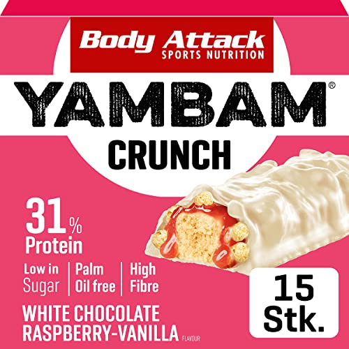 Body Attack YAMBAM White Chocolate Raspberry,barrita de proteínas de 55g con cobertura de chocolate crujiente y crispies, más del 30% de proteínas, baja en azúcar y sin aceite de palma,Made in Germany