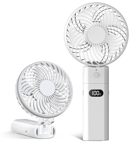 gabless Handventilator mit Powerbank 5200mAh, Ventilator klein faltbar, USB Handventilator mit Akku, Ventilator Mini tragbarer Tischventilator mit akku, 5 Stufen Ventilator leise für Büro