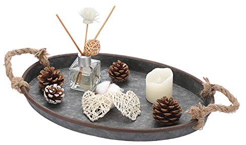 Hipiwe Galvanized Metal Iron Oval Tray with Rope Handle Farmhouse Serving Tray Rustic Industrial Decorative Centerpiece for Coffee Table Weddings and Parties Decor,Small
